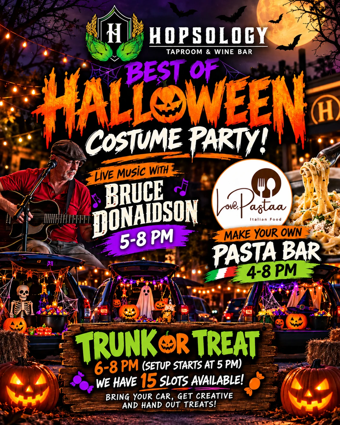 Best of Halloween costume party: live music with Bruce Donaldson 5 to 8 PM, Love Pastaa make-your-own pasta bar 4 to 8 PM, and trunk or treat 6 to 8 PM with setup at 5 PM. 15 slots available, bring your car, get creative and hand out treats.
