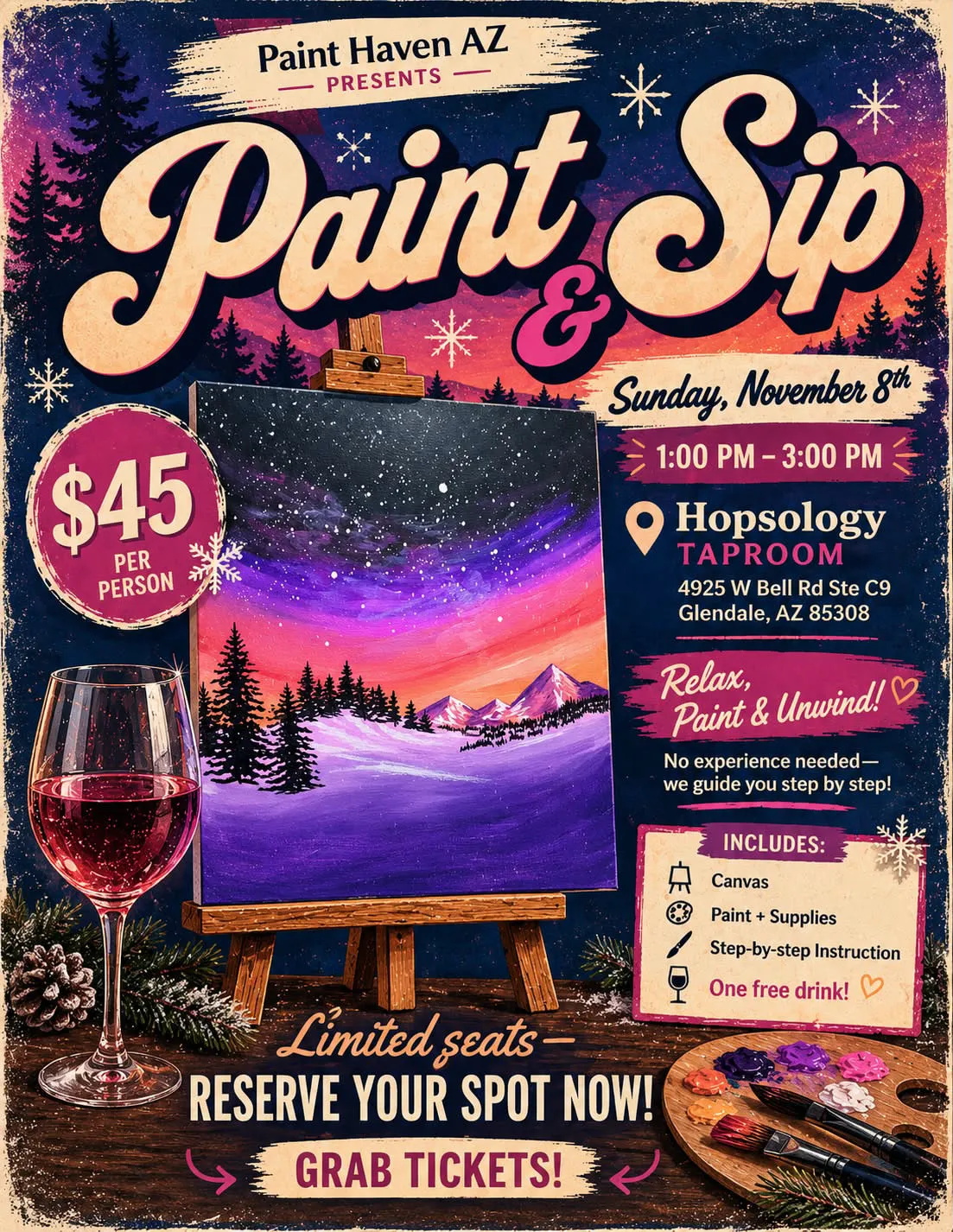 Paint Haven AZ presents Paint and Sip, Sunday, November 8th, 1 to 3 PM at Hopsology Taproom. $45 per person, includes canvas, paint and supplies, step-by-step instruction and one free drink. No experience needed. Limited seats.
